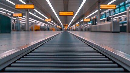 Fototapeta premium Luggage conveyor trip concept. A low-angle view of an empty airport baggage claim area with illuminated signs.
