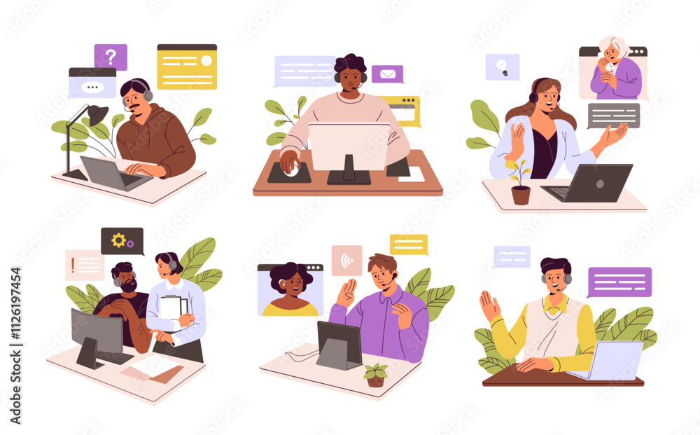 Poster operators of call center concept set. workers of helpdesk, hotline in headphones help clients. techn