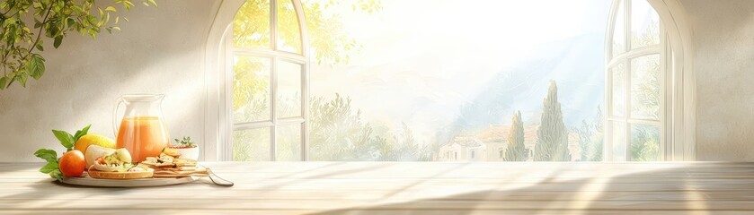 A serene kitchen scene with a sunlit window, showcasing a table filled with fresh fruits and snacks, evoking a warm and inviting atmosphere.