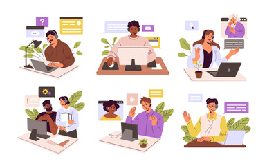 Operators of call center concept set. Workers of helpdesk, hotline in headphones help clients. Technical support service communicates with customers. Flat isolated vector illustrations on white