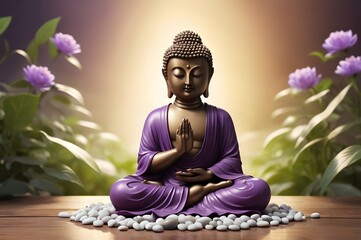 Bronze Buddha statue in prayer pose, placed on a wooden surface with white pebbles and a burning purple candle. Garden background with purple flowers and greenery. Peaceful and serene.