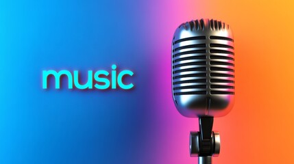 Microphone is on a colorful background with the word music written below it