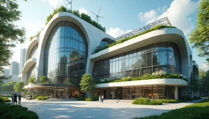 A sleek and modern building. The building combines cutting-edge technology with natural elements. The features curved glass windows that reflect the surroundings, giving it a mirage-like pres