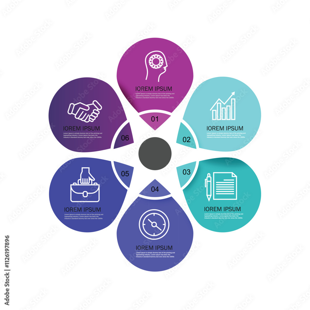 Aufkleber modern infographic design template. simple circular diagram with 6 successively connected round elem