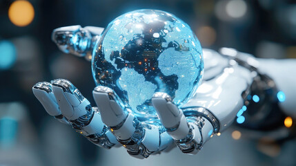 A white robotic hand delicately supports a glowing blue globe with illuminated cities, emphasizing global connectivity.