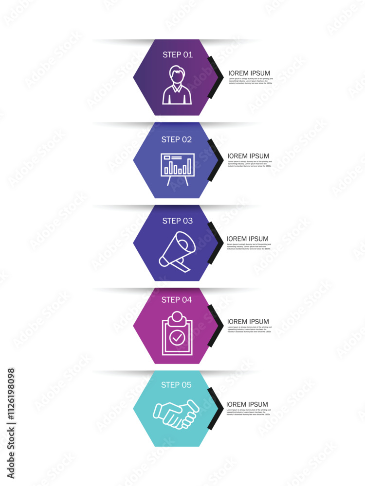 Aufkleber infographic template of hexagonal elements. vertical timeline concept with 5 options