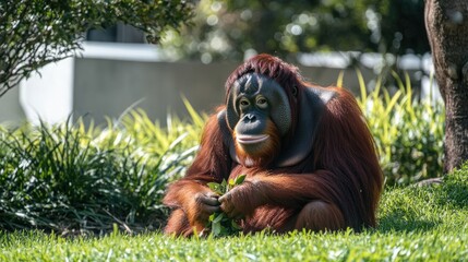 Obraz premium Orangutan Sitting in Grassy Habitat