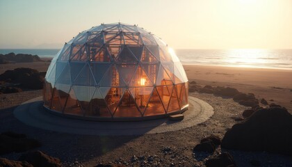 Nestled into the island’s barren volcanic landscape, the glass dome is composed of interconnected triangles that form a visually intriguing spherical pattern.