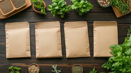 Four Brown Paper Envelopes with Green Herbs and Seeds on a Wooden Background