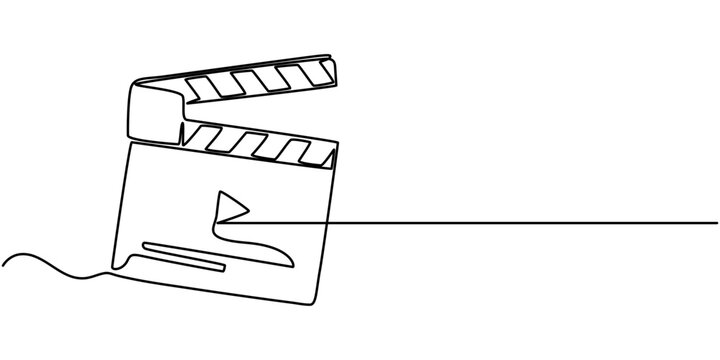 One continuous line drawing of clapper board. Action movie scene and retro video production concept in simple linear style. Outline editable stroke. Doodle vector illustration, One line drawing.