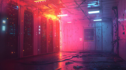 Neon-lit server room with cables and reflections at night in an abandoned facility