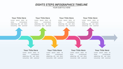 Arrow Infographic Timeline with 8 Options and Editable Text on a 16:9 Layout for Business Presentation, Poster, Banner and Booklet.