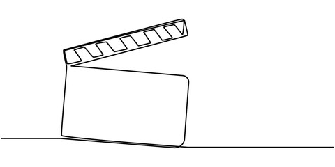 One continuous line drawing of clapper board. Action movie scene and retro video production concept in simple linear style. Outline editable stroke. Doodle vector illustration, One line drawing.