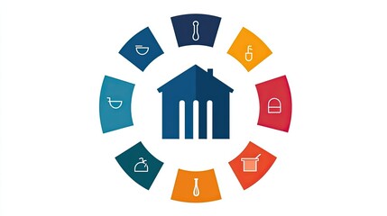 A stylized illustration featuring a house at the center, surrounded by icons representing various home functions or services.