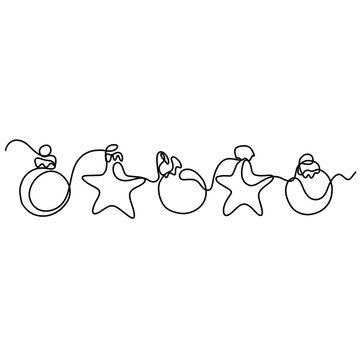 Merry Christmas new year decoration. Continuous one line drawing art. Holiday greeting card Christmas ball, stars and tinsel.