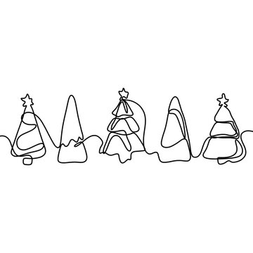 Merry Christmas new year decoration. Continuous one line drawing art. Holiday greeting card Christmas ball, stars and tinsel.