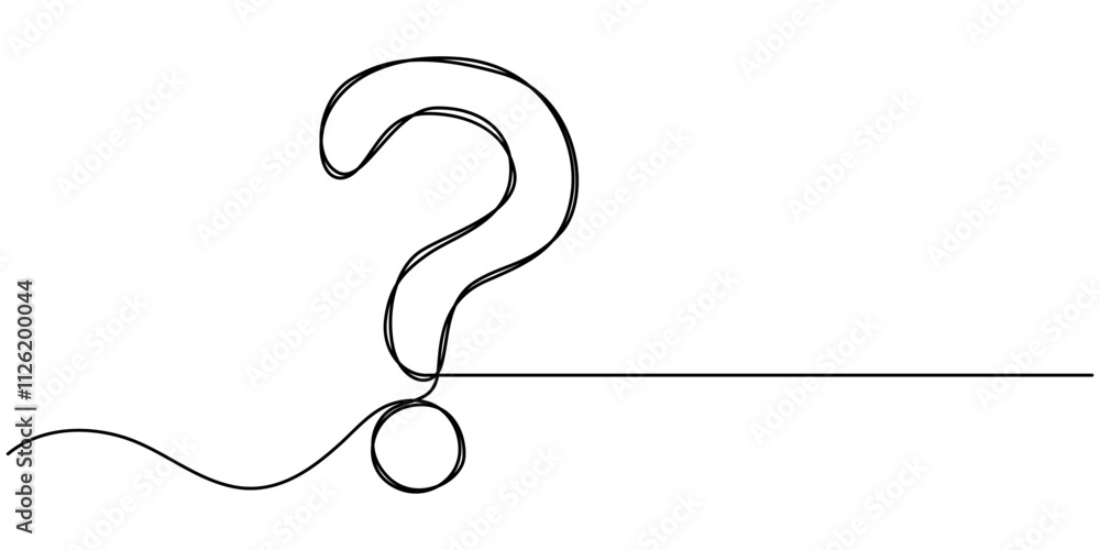 Poster question mark one line art, hand drawn asking sign, idea continuous contour. query faq concept, find