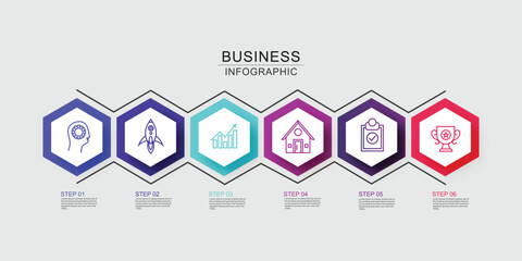 Business hexagon infographic template. Timeline process with 6 options or steps