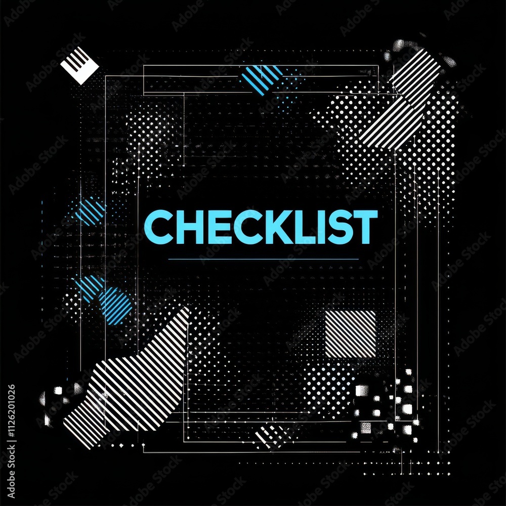 Poster checklist: a bold and geometric design features a checklist title in a vibrant blue, set against a b