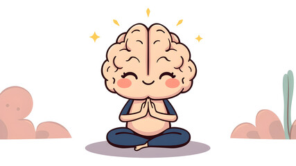 Obraz premium Cute healthy happy human brain organ mental calm yoga serenity meditate. Vector kawaii cartoon illustration character icon design. Isolated on white background. Brain, mind relaxation Generative AI