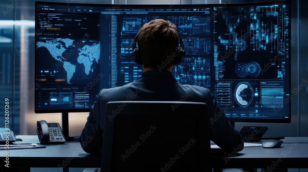 Poster a focused it technician at a desk, assisting a client remotely via a headset, with a digital workflo