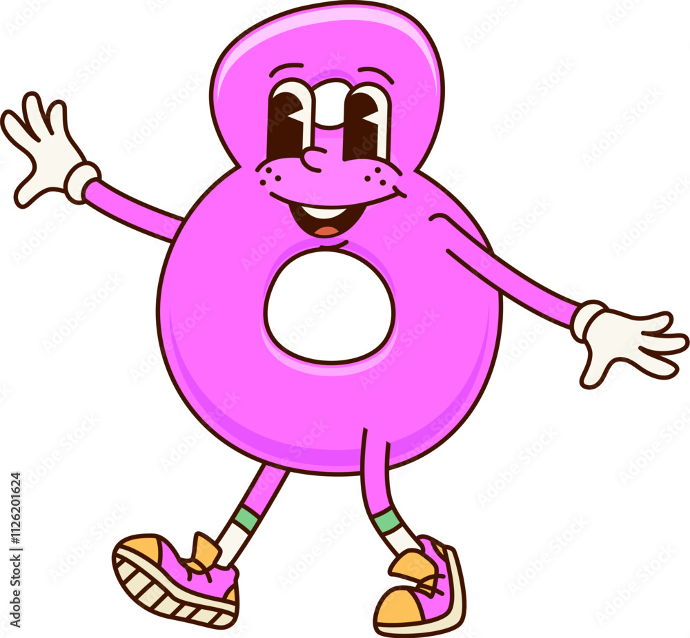 Poster Groovy math number 8 Eight cartoon character with happy face, vector funny numeral. Groovy number 8 or Eight numeral with laughing smile for kids mathematics counting or font cartoon character
