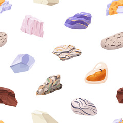 Repeatable pattern of stones, fossils with different shapes. Various gems, gemstones, minerals on endless background. Rock pieces: granite, marble, gypsum, pumice. Flat seamless vector illustration