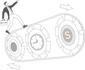 Time is money, work hard to make money, optimize work efficiency, reduce the cost of time to improve efficiency and profits, businessmen work hard to run on the chain of the clock and money gears