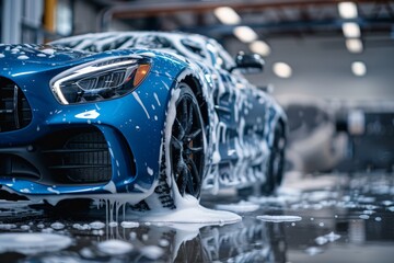 A sleek blue sports car is covered in soap suds during a wash at a professional car wash, capturing the shiny, clean look of the luxury vehicle in a modern setting.