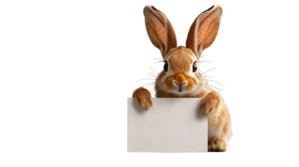 A cute red rabbit holding a white rectangular piece of paper on a transparent background in front of him.