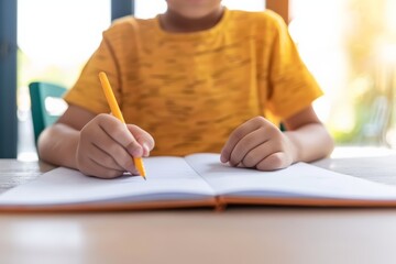 A child is sitting at a table and carefully writing in a notebook with a yellow pencil, focusing on learning, homework, or creative writing, set in a bright and quiet space.