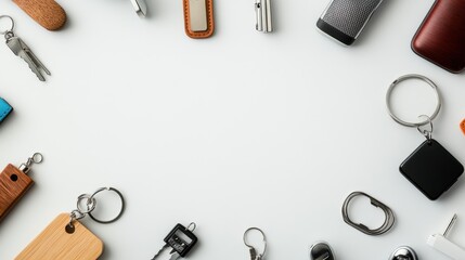 Various car accessories like keychains, air fresheners, and chargers are displayed in an organized manner, leaving space for additional text. Generative AI