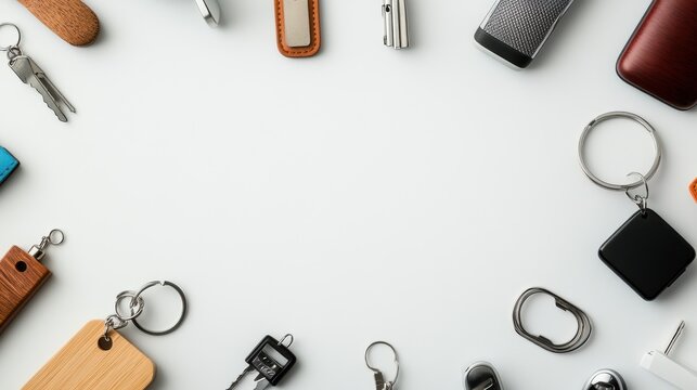 Various car accessories like keychains, air fresheners, and chargers are displayed in an organized manner, leaving space for additional text. Generative AI