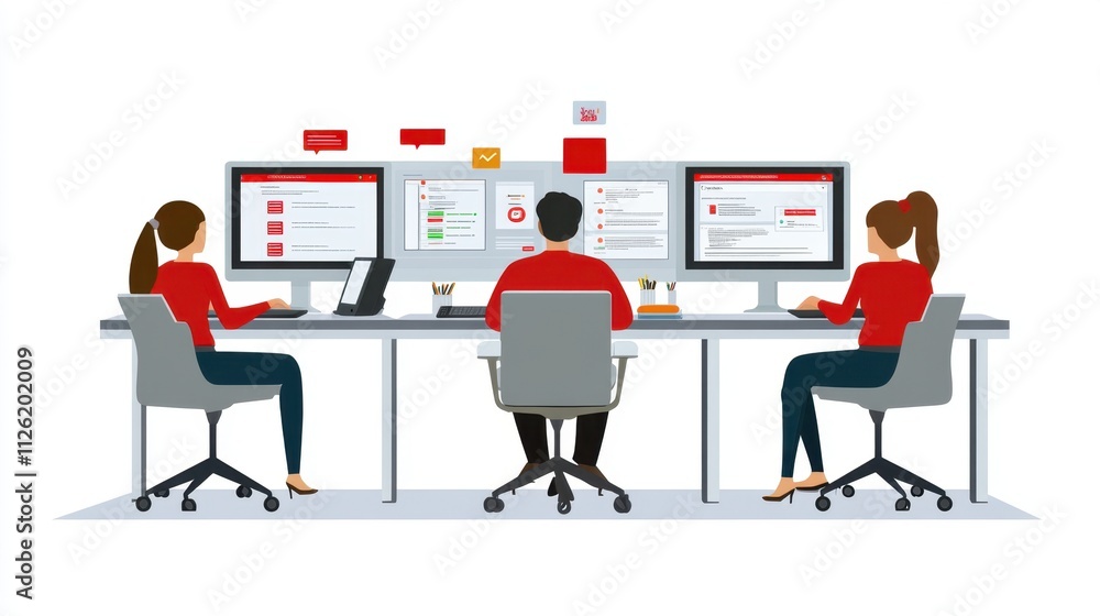 Poster a helpdesk team working together in a modern office, multiple screens showing support tickets and co