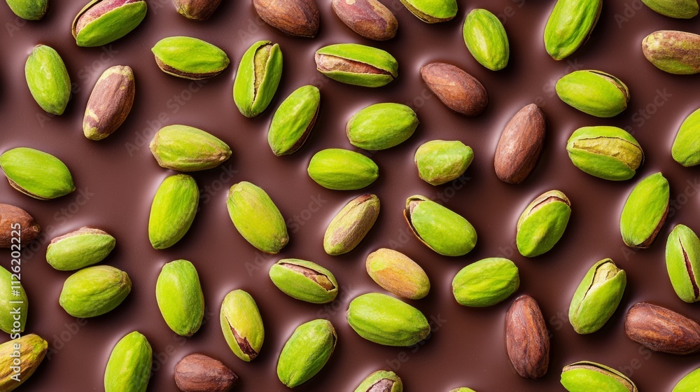 Poster close up of green and brown nuts on a chocolate surface. the nuts are scattered across the chocolate