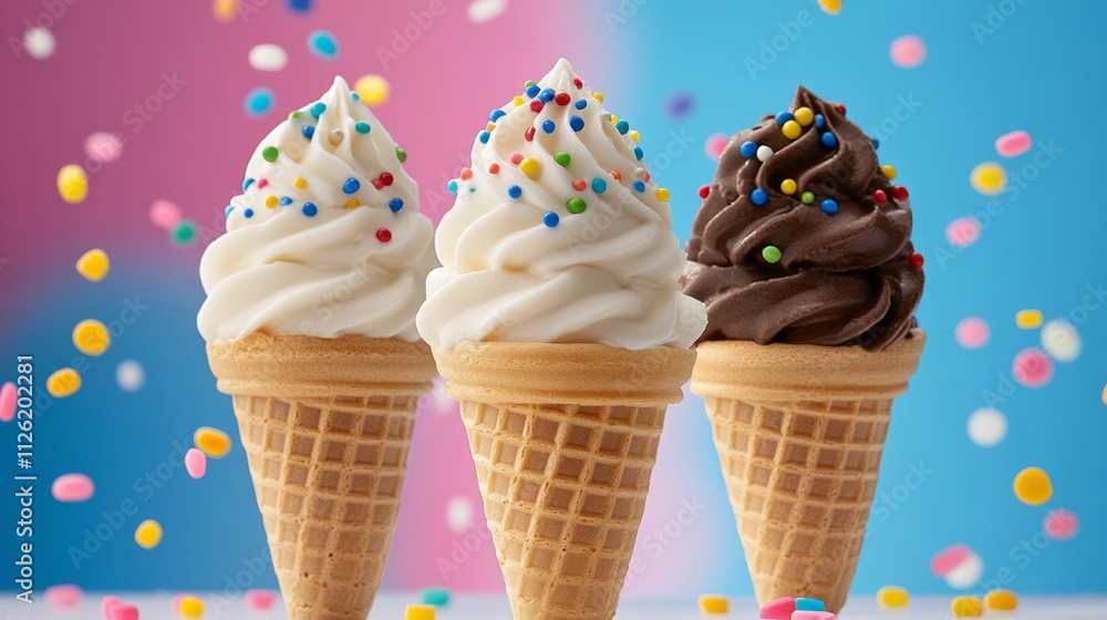 Poster three ice cream cones with different flavors and sprinkles. the sprinkles are falling from the cones