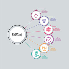 Infographics 6 element with centre circle. Graphic chart diagram, business timeline graphic design 