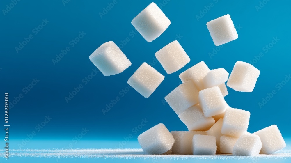 Poster sugar cubes are falling from the sky. the image has a playful and whimsical mood. the sugar cubes ar
