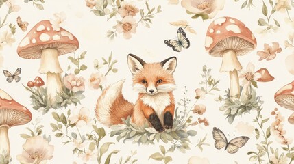 Fototapeta premium Watercolor Fox Amongst Mushrooms Flowers and Butterflies