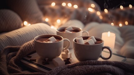 Obraz premium Hot chocolate with marshmallows in three mugs on a bed, cozy lights, candles, a warm blanket, a winter evening, an aesthetic scene, with copy space for text