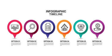 Infographic timeline template with 6 options. Can be used as a chart, diagram, graph for business presentation, annual report, brochure