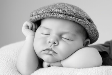 A peaceful newborn baby sleeping on a soft fluffy blanket while wearing a cozy knitted hat, capturing the beauty of innocence and tranquility.