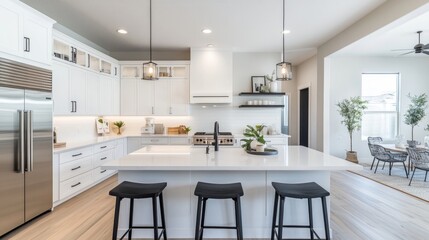 Modern kitchen with white cabinets, black stools, hanging lights, hardwood floors, open living space