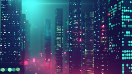 futuristic cityscape, neon lights, digital art, skyscrapers, modern architecture, vibrant colors, urban landscape, night atmosphere, glowing buildings, atmospheric perspective