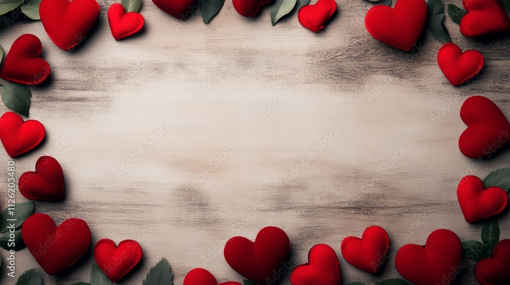 Aufkleber wooden frame with a red heart border and red hearts in the middle. the frame is empty and the red he