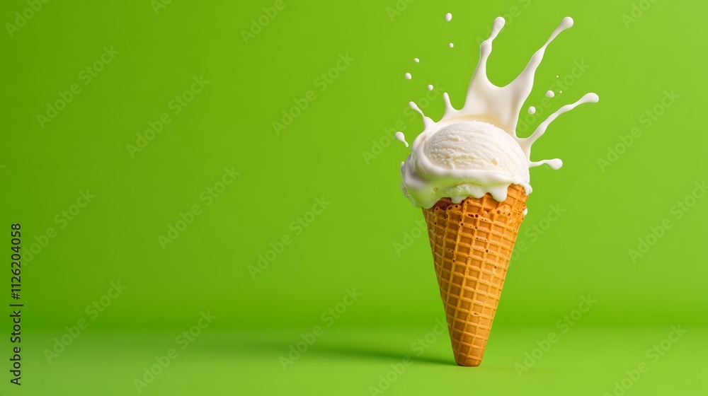 Poster a scoop of ice cream in a cone is splashing milk on a green background. concept of fun and playfulne