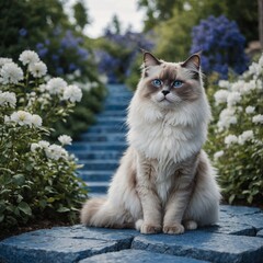 A majestic ragdoll cat standing on a blue stone path in a white garden.
