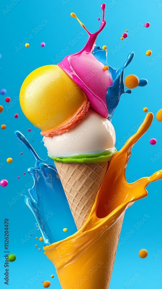 Aufkleber a colorful ice cream cone with a splash of paint on it. the ice cream is in a waffle cone and has a 