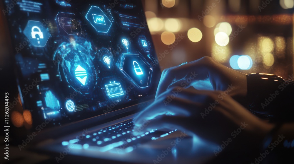 Poster hands typing on a laptop with digital security graphics
