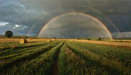 Obraz premium Magnifique arc-en-ciel sur les champs